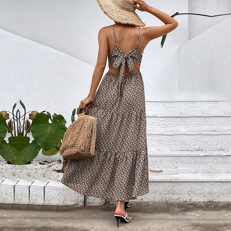 Summer Beach Vacation Dress Stylish Geometric Print Sleeveless Lightweight Fabric Perfect for Resort Wear Wholesale
