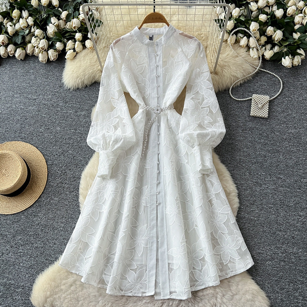 French Vintage Court Style Embroidered A Line Dress Hollow Out Lantern Sleeves Waist Tie Round Neck Elegant Evening