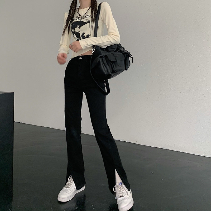 High Waisted Slimming Jeans for Women Spring Korean Style Front Split Casual Straight Leg Wholesale Available