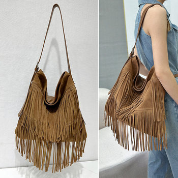 Factory Wholesale Aliexpress Women's Bag 2025 Double-Sided Velvet Tassel Bag Large Capacity Lazy Splicing Shoulder Handbag