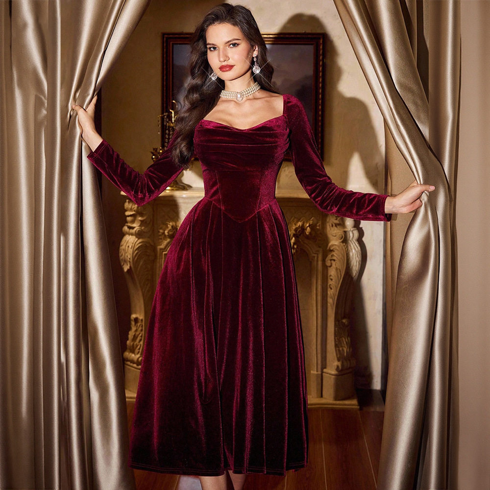 Wine Red Velvet Long Sleeve Square Neck A Line Dress Vintage Style Spring Summer Occasion Wholesale Available