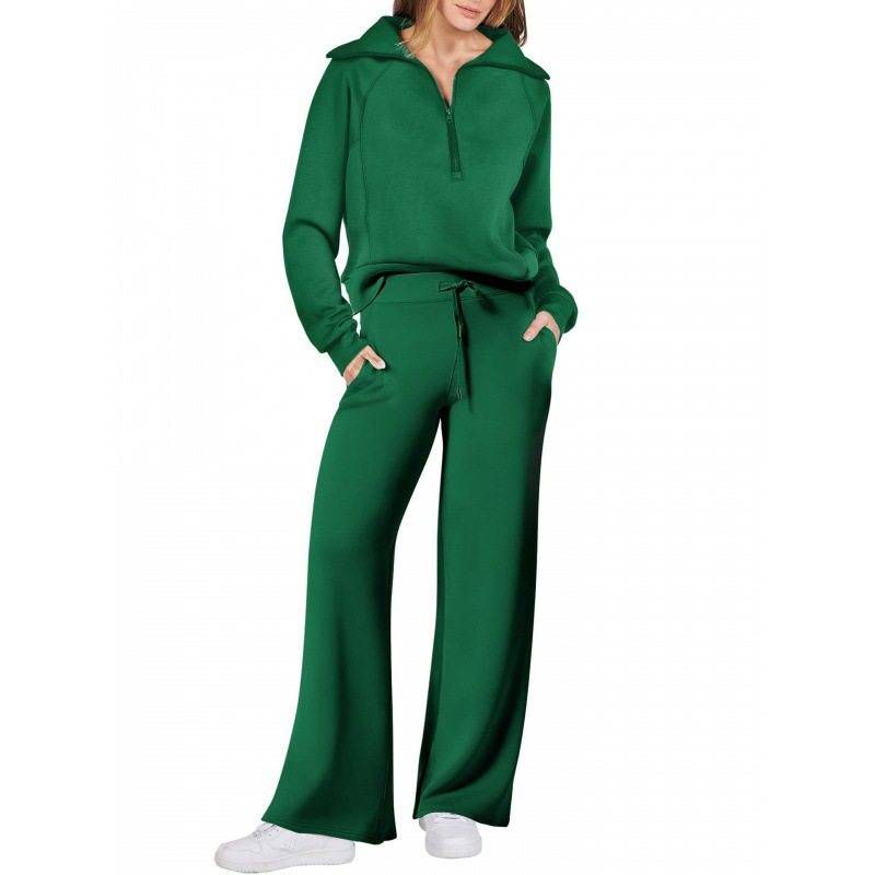 European and American Foreign trade 2024 autumn and winter fashion casual sports suit zipper long-sleeved sweater wide-leg pants two-piece set for women