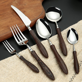 Simple Retro 304 Chicken Wings Wooden Handle Stainless Steel Knife and Fork Spoon Western Tableware Instagram Style High Color Value Tableware Gift Set
