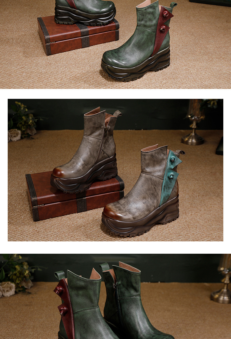 Boot nữ cổ thấp da bò thật đế dày tôn dáng thủ công — màu xám, xanh lá cây