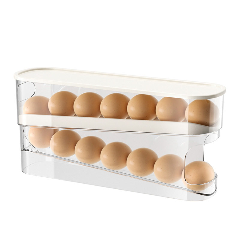Egg Carton Storage for Refrigerator, Food-Grade Rolling Egg Rack, Kitchen Preservation Freezer Side Door Storage Box with Lid