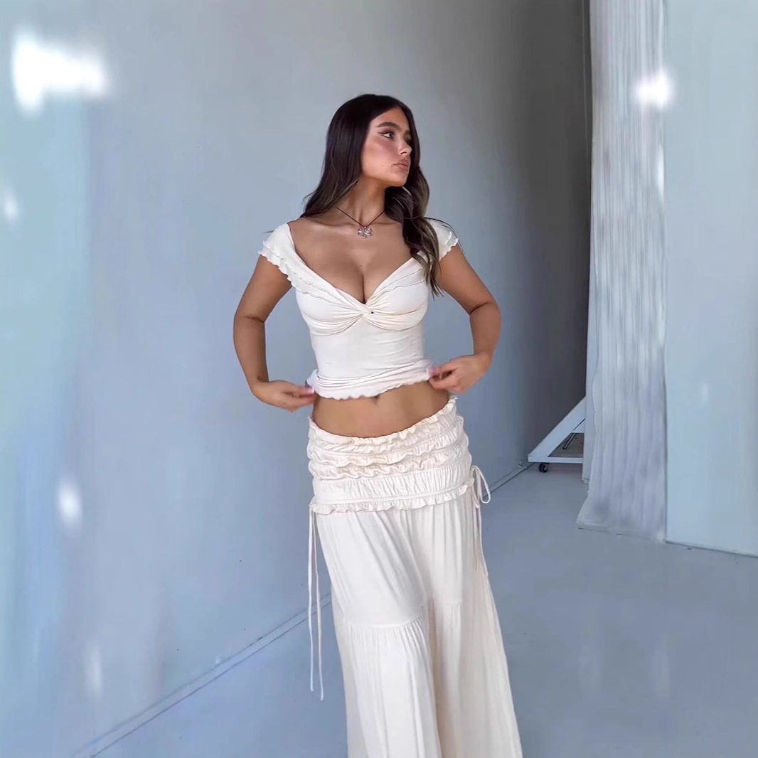 Womens French Style Cropped Tank Top and Ruched Midi Skirt Set Sexy Low Cut Flattering Fit Autumn Fashion Wholesale