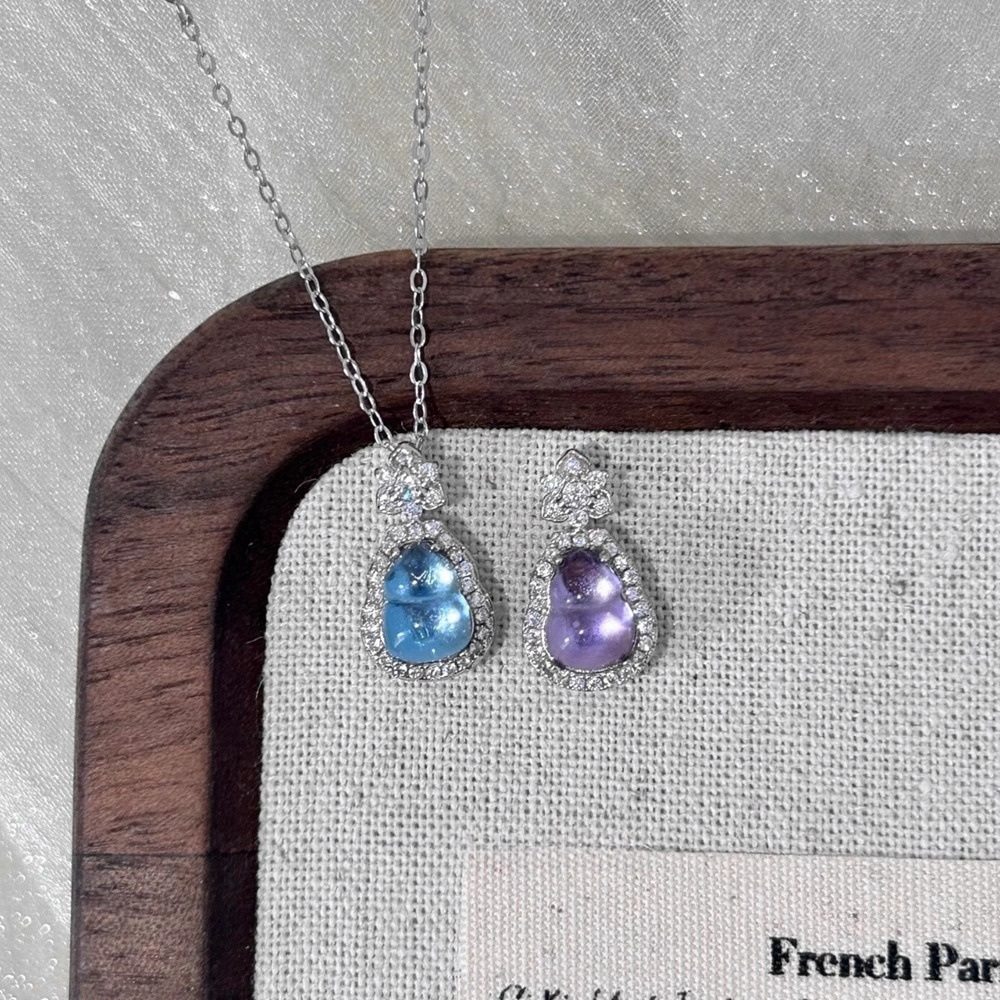 Nine Purple Fire S925 Sterling Silver New Chinese Natural Aquamarine Amethyst Gourd Pendant Female Niche Transport Necklace