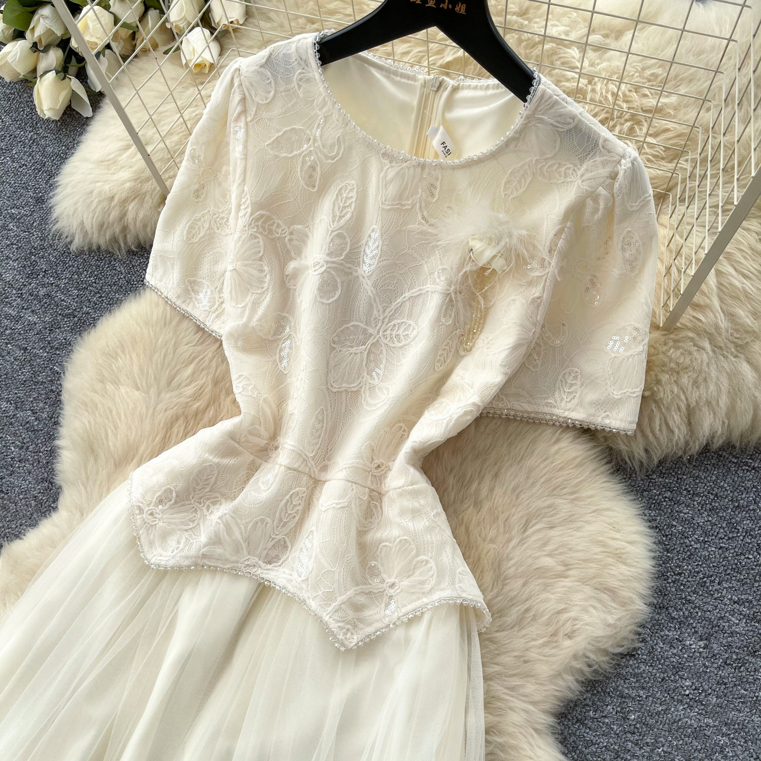 French Style Lace Short Sleeve Dress Elegant A Line Silhouette High Quality Fabric Summer Wear Wholesale Availability