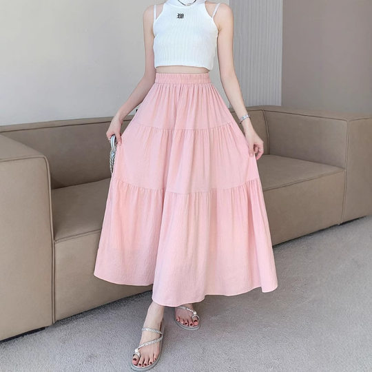 Cross-Border Fashion Versatile Pleated Lining High-Waisted Slimming Mid-Length Slimming Tiered Long Skirt for Women