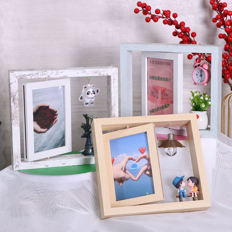 Photo frame manufacturers supply creative rotating double-sided photo wooden frame decoration wholesale couple gift commemorative photo frame