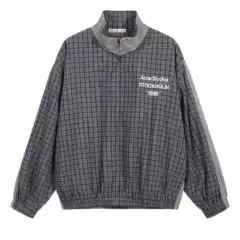 Ac English Letter Splicing Windbreaker Jacket Japanese Style Retro Preppy Style Stand Collar Loose Casual Plaid Jacket for Men