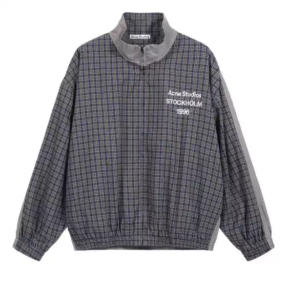 Ac English Letter Splicing Windbreaker Jacket Japanese Style Retro Preppy Style Stand Collar Loose Casual Plaid Jacket for Men
