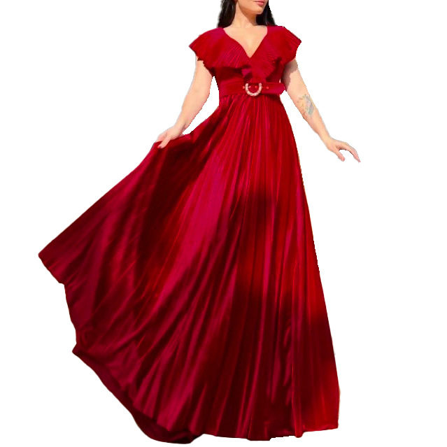Plus Size Womens V Neck Solid Color Ruffled Hem Long Dress Elegant Pleated Design Perfect for Formal Occasions