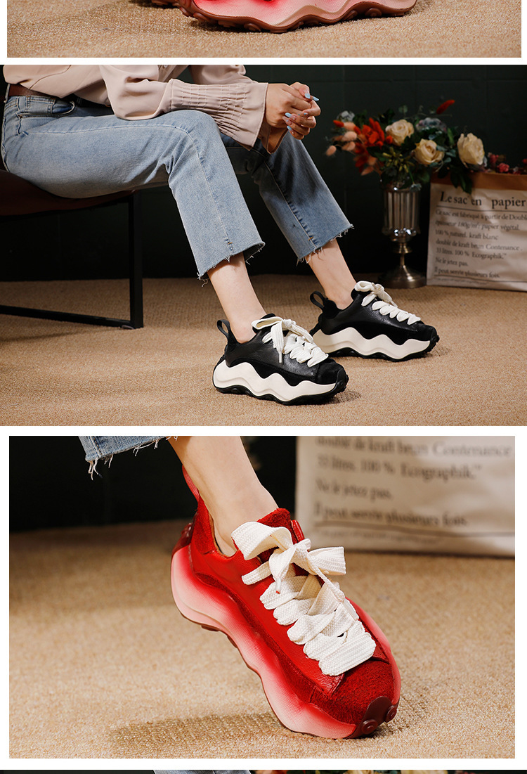 Giày sneaker nữ da bò thật cổ trung, dây buộc, đế dày — đen, màu đỏ