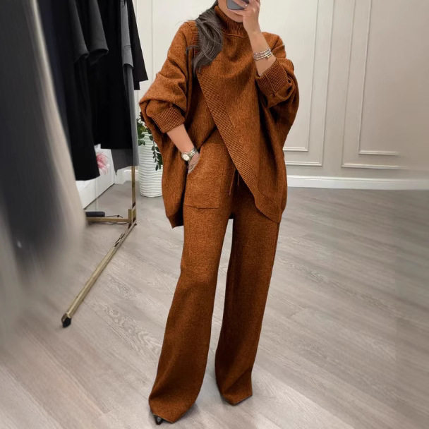 2025 Cross-Border Autum New European and American Amazon Women's Pure Color V Neck Single-Breasted Slim Knitwear Two-Piece Set