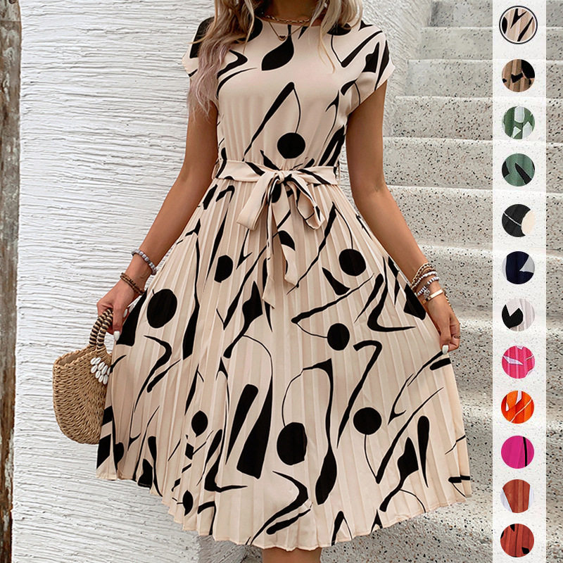 Elegant Abstract Print Pleated Dress Casual Beach Vacation Style Perfect for Summer Events Wholesale Available