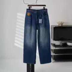 In-Stock High-End Version of Lv's New Trendy Brand Lettered Leather Shadow Stripe Fashion Versatile Washed Wide-Leg Jeans