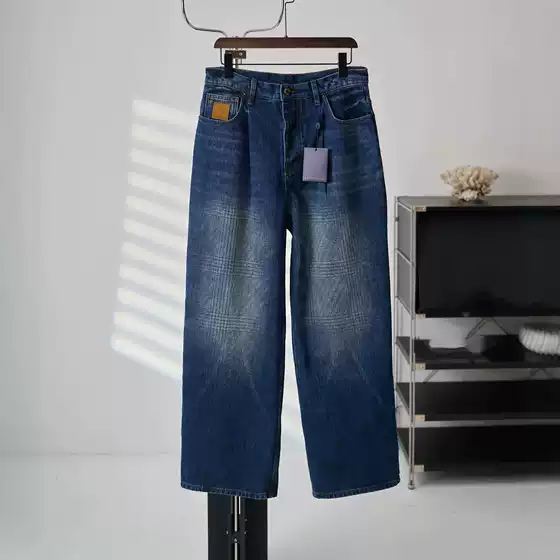 In-Stock High-End Version of Lv's New Trendy Brand Lettered Leather Shadow Stripe Fashion Versatile Washed Wide-Leg Jeans