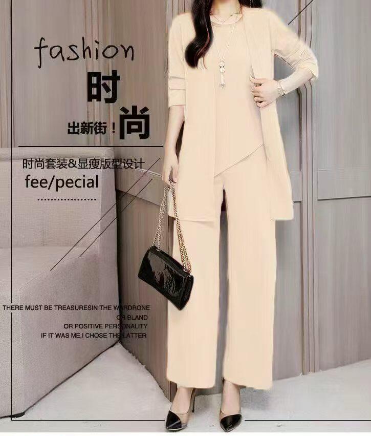 跨境货源2021春秋季新款洋气阔太太显瘦减龄时尚大码套装女三件套