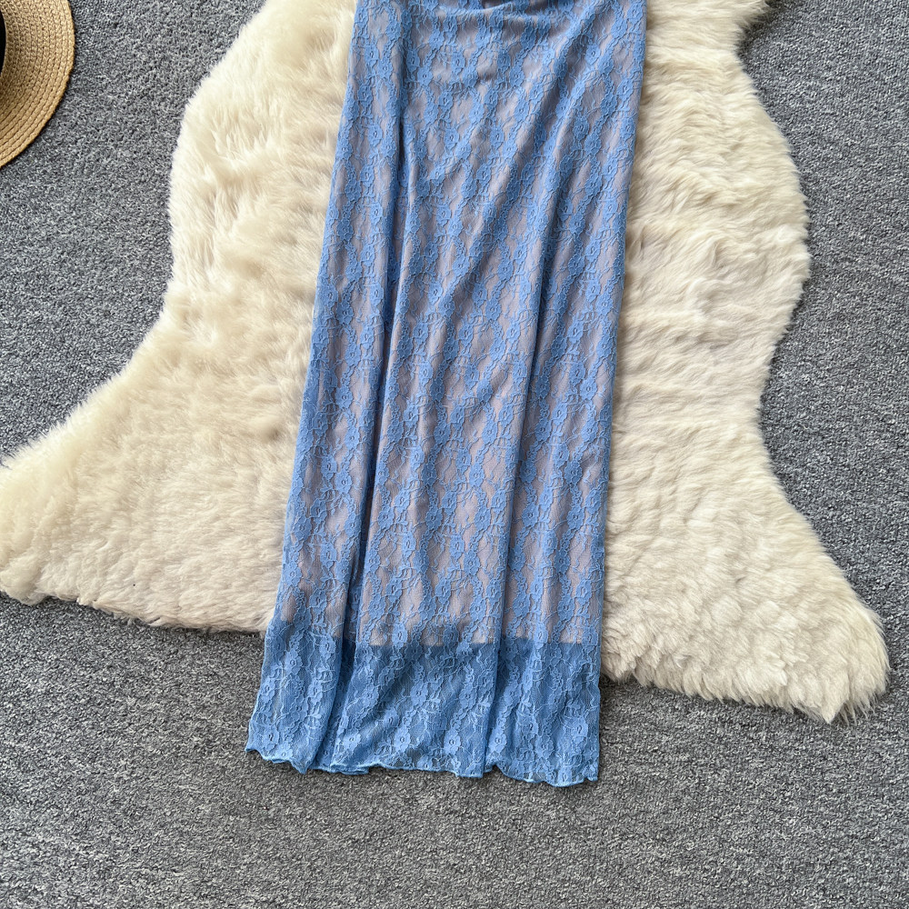 Blue Lace Slip Dress Slim Fit Backless Mermaid Hem Summer Vacation Evening Wear Wholesale Available
