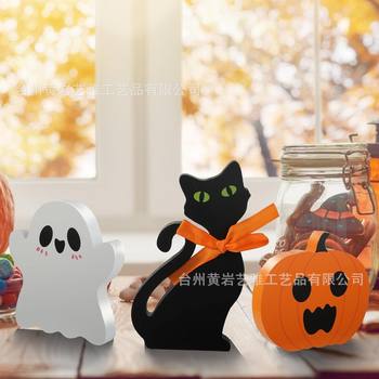 Cross-Border New Product 3-Piece Halloween Ornaments Cute Ghost Desktop Decoration Wooden Ornaments