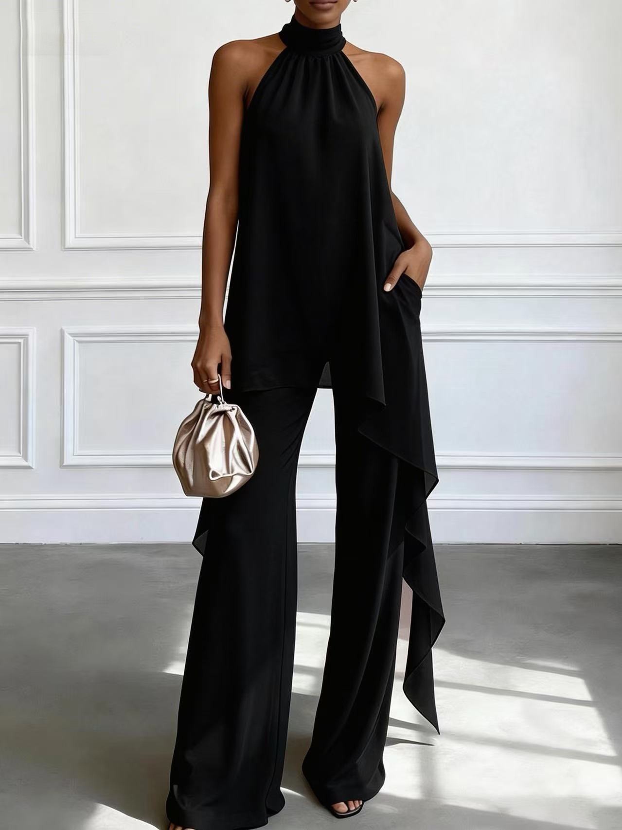 Chiffon Two Piece Set Sleeveless Halter Neck Solid Color Spring Summer Fashion for Women Wholesale Available