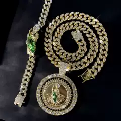 Cross-Border Popular Hip-Hop Trendy Men's and Women's Diamond Pendant Cuban Chain Necklace Rotatable Religious Saint Jude Statue Pendant