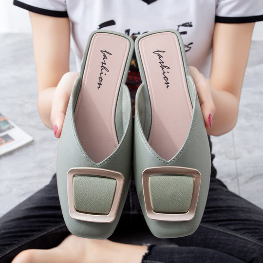 2021 fashion new online celebrity loafers square buckle pvc plastic half-pack shoes flat half slippers women's shoes summer wholesale