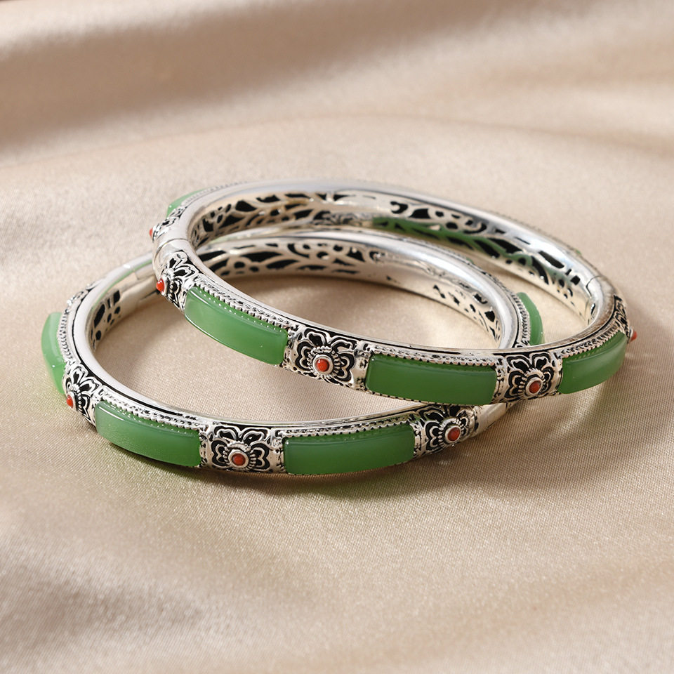 Hetian Jade Literary Retro Bracelet Alloy Inlaid with Old Hetian Jade Bracelet Hollow Lace Women's Bracelet Live Broadcast