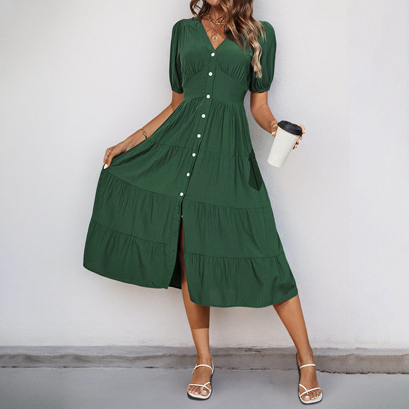 Summer Midi Dress Elegant Draped Design Solid Color Pleated Detail Perfect for Casual Outings or Events Wholesale