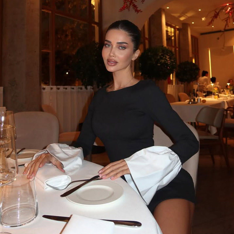Womens A Line Color Block Dress Long Sleeve Round Neck Fashionable Versatile Perfect for Casual or Formal