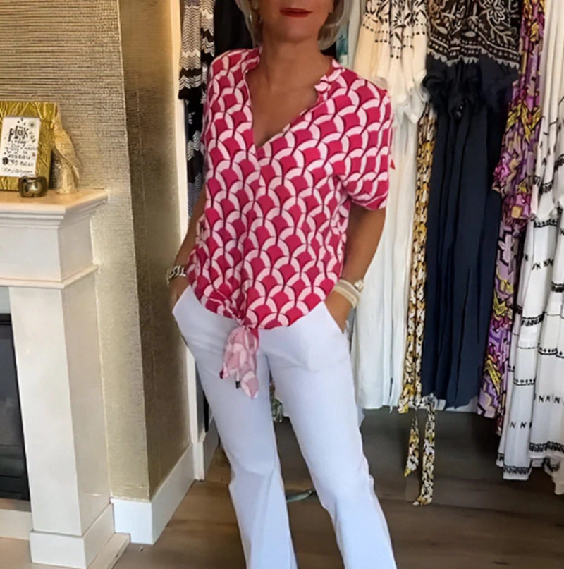 Elegant Floral Print V Neck Short Sleeve Blouse Summer Style Womens Fashion Top Wholesale Available