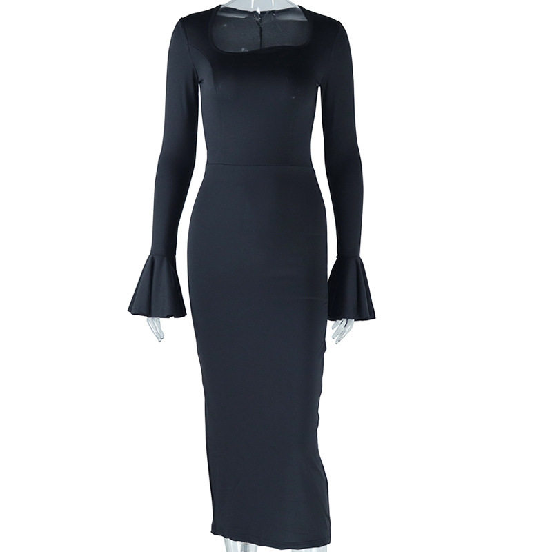 Fashionable Long Sleeve A Line Dress Round Neck Solid Color Midi Length Side Slit Irregular Hem Casual Wear OEM