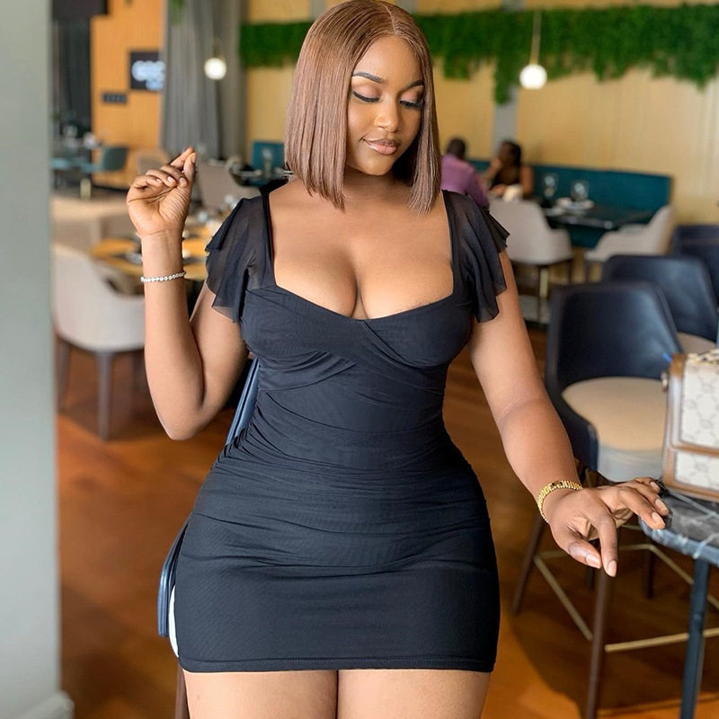 Short Sleeve Square Neck Bodycon Dress Solid Color Ruched Sexy Fit Spring Fashion for Women OEM Available