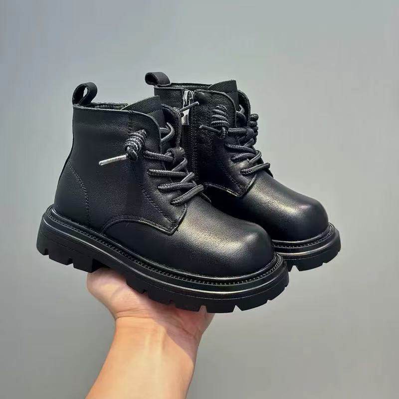 First-Layer Cowhide Versatile Boots 2025 Autumn and Winter New Style British Style Fashion Short Boots for Boys and Girls Low-Cut Cotton Boots