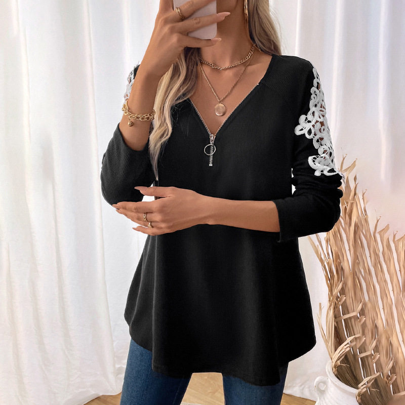 Casual Black T Shirt Embroidered Long Sleeve Drop Shoulder Autumn Wear Wholesale Available