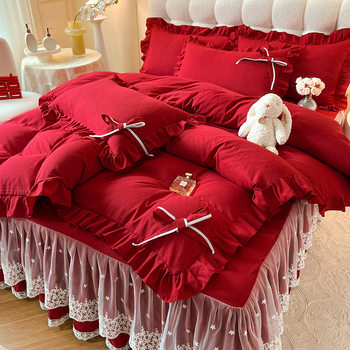 Cross-Border Foreign Trade Specializes in Lace Bed Skirts, Four-Piece Sets, Lace-Style Duvet Covers, Solid Color Bed Sheets, Skin-Friendly Cotton Bedding Wholesale