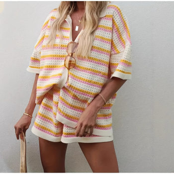 Cross-border Europe and the United States Amazon 25 spring and summer new women's clothing explosions wool color matching lapel striped short sleeve shorts suit