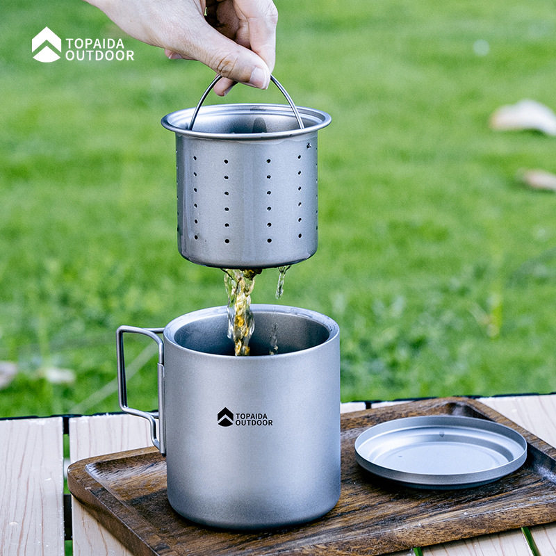 Pure Titanium Tea Maker Travel Tea Set with Strainer Outdoor Portable Double Layer Anti-scalding Titanium Alloy Tea Set for Business Camping