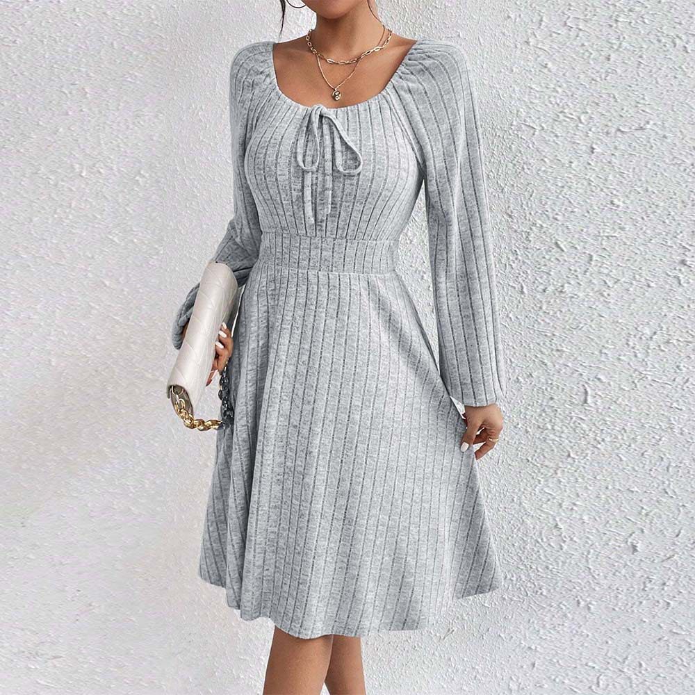 Womens Spring Summer Dress Square Neck Waist Tie Flared Skirt Long Sleeve Striped Fabric Casual or Party Wear