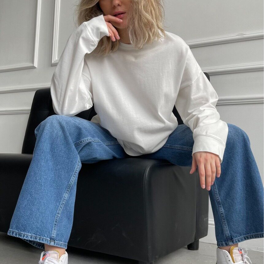 Womens Loose Fit Long Sleeve T Shirt 100 Cotton 220g Fabric Ribbed Cuffs Casual Wear Trendy Style Wholesale