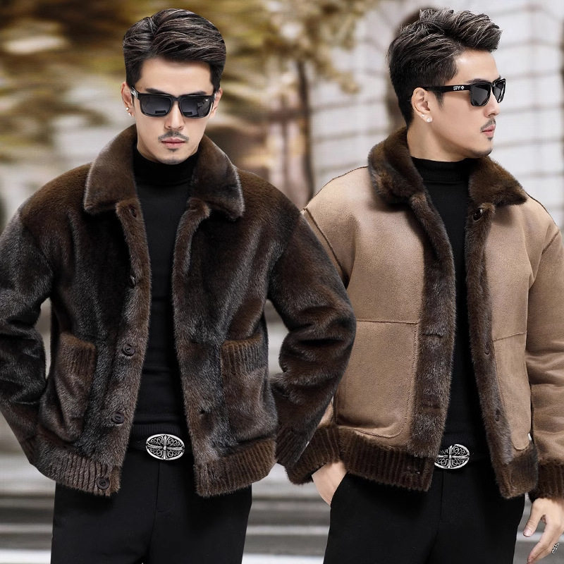 Áo Khoác Nam Hai Mặt Nhung Tuyết Lan Lông Chồn Kiểu Ngắn Cổ Bẻ Giữ Ấm Mùa Đông Màu Nâu