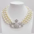 Silver three-layer large Saturn pearl necklace