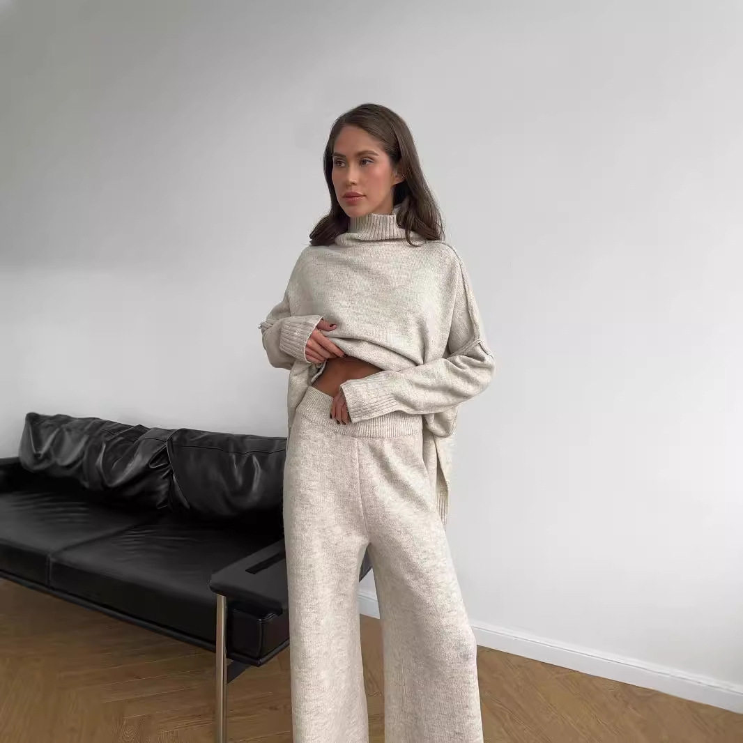 Womens Oversized Turtleneck Split Wool Sweater Set Cozy Knit Fabric Casual Style Perfect for Fall Winter Wholesale