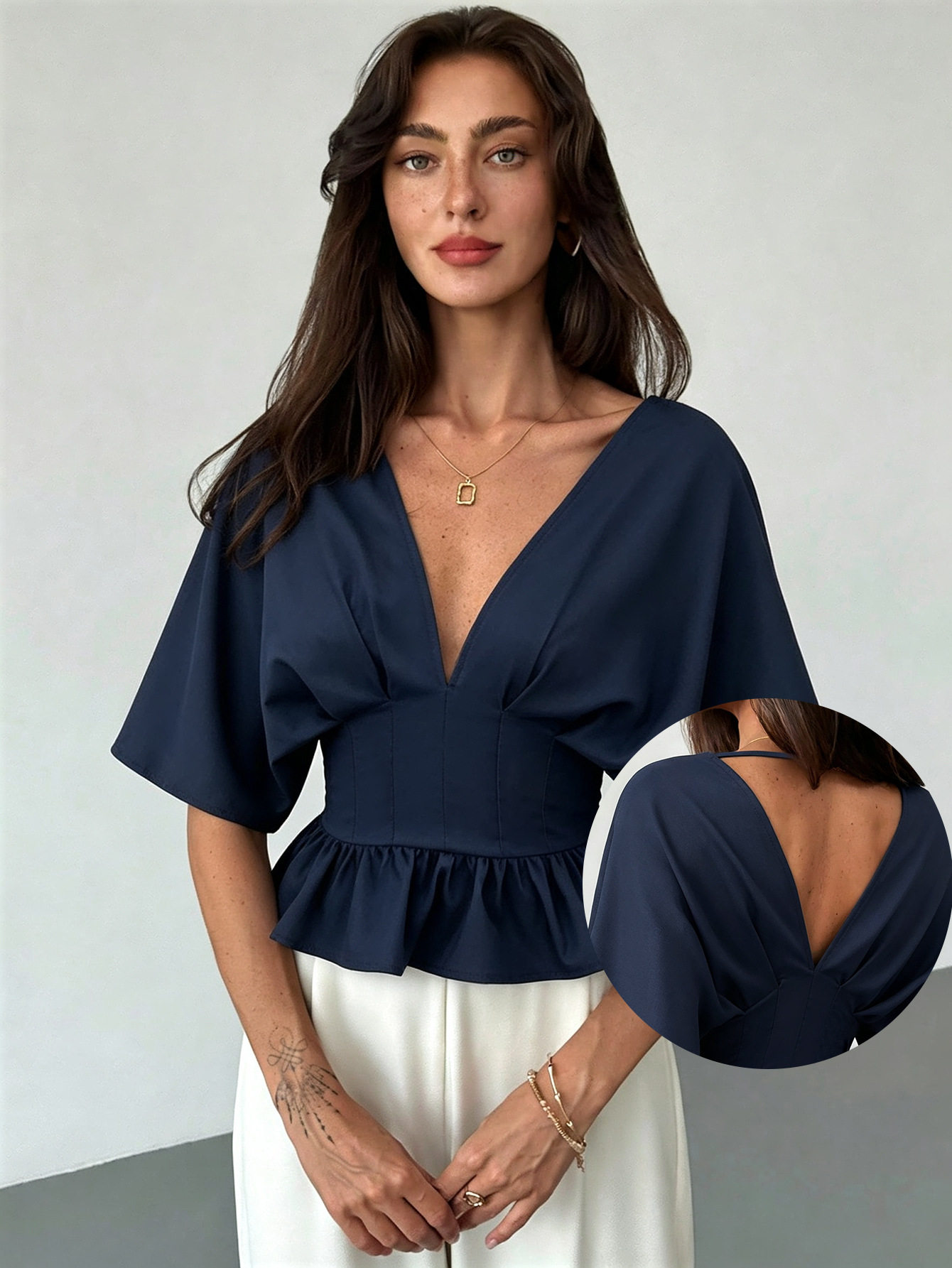 V Neck Batwing Sleeve Top Backless Slim Fit Ruffled Hem Casual Wear Summer Style Wholesale Available