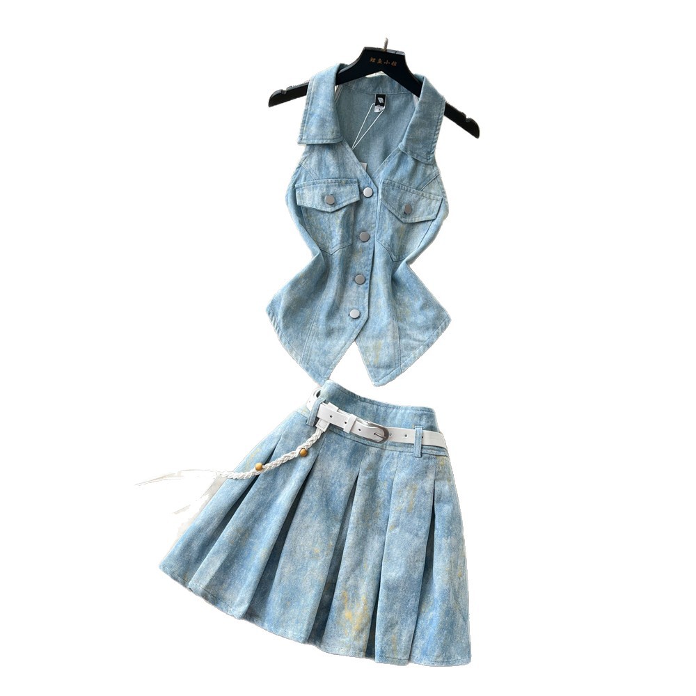 Korean Style V Neck Sleeveless Denim Vest Set Slim Fit Waist Belt Summer Fashion Perfect for Office or Casual Wear