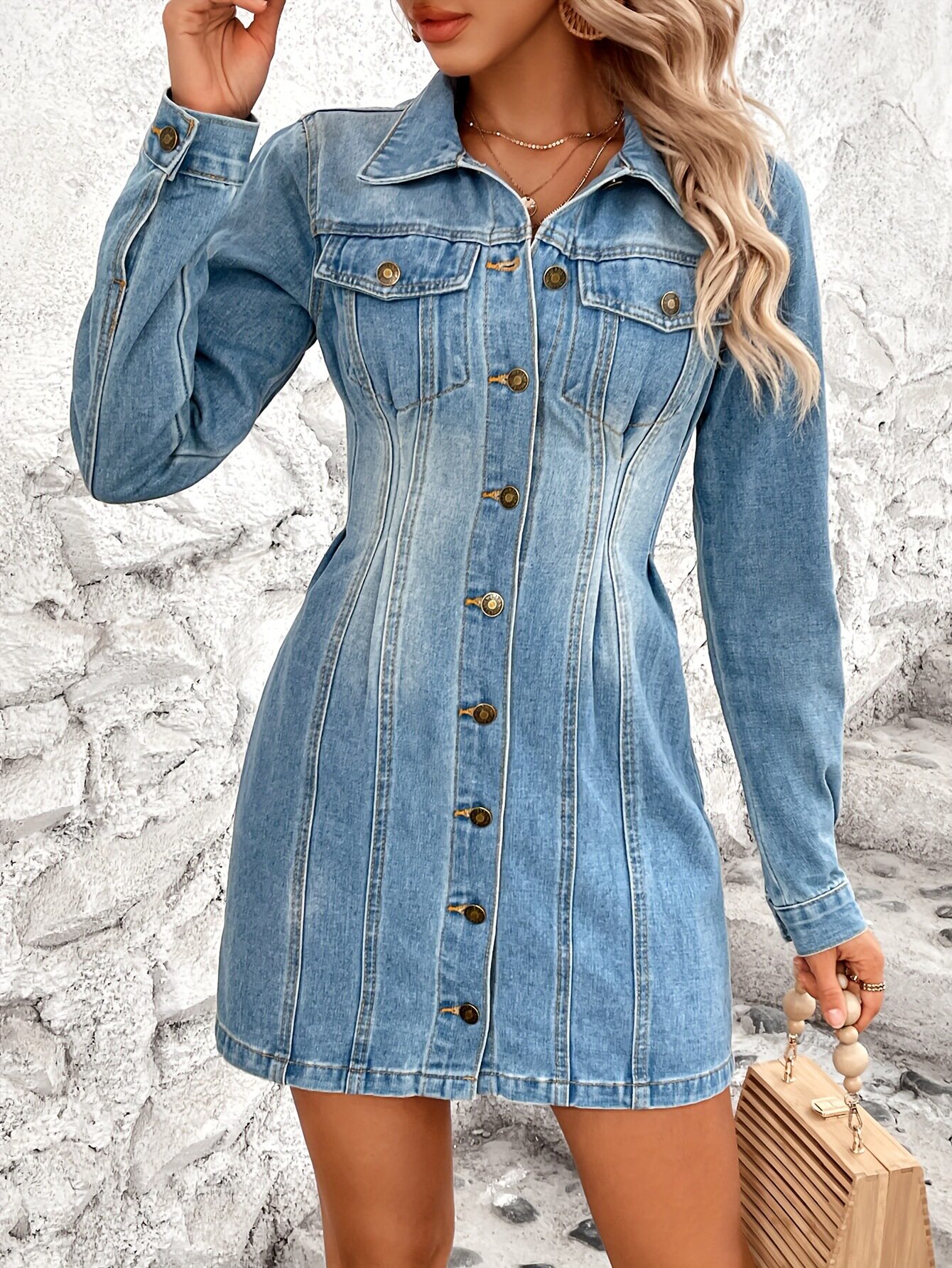 Vintage Slim Fit Long Sleeve Denim Dress Waist Defining Elegant Style Perfect for Casual Outings Ready to Ship
