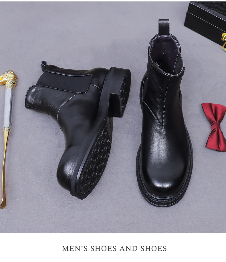 Giày boot Chelsea nam da bò thật cổ thấp đế dày phong cách công sở — đen