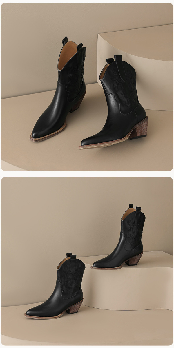 Boot nữ da bò cổ thấp mũi nhọn gót thô phối thêu — Màu be lót nhung bên trong, Màu be một lớp lót trong, Màu đen lót một lớp, Màu đen lót nhung