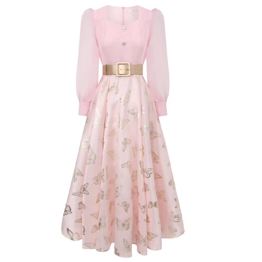 Sweet Princess Style Long Sleeve Dress Mesh Panel Square Neck Waist Tie Flared Skirt Elegant Evening Gown
